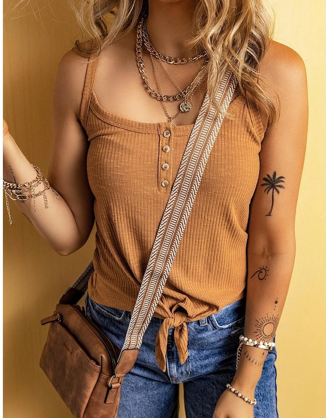 Straw Yellow Ribbed Front Knot Buttoned Thin Strap Tank Top