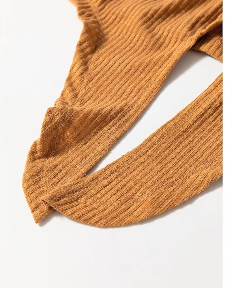 Straw Yellow Ribbed Front Knot Buttoned Thin Strap Tank Top