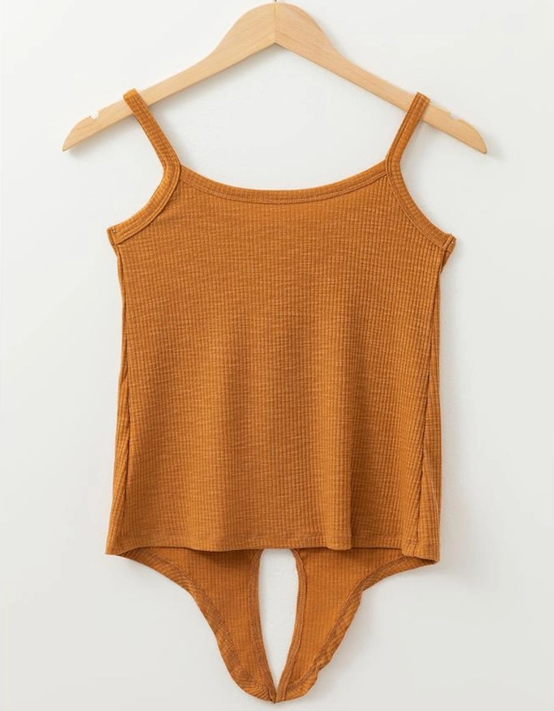 Straw Yellow Ribbed Front Knot Buttoned Thin Strap Tank Top