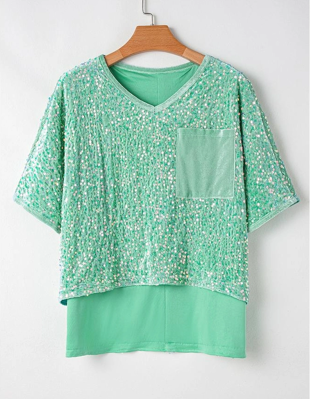 Moonlight Jade Sequin Batwing Sleeve V Neck Velvet Blouse