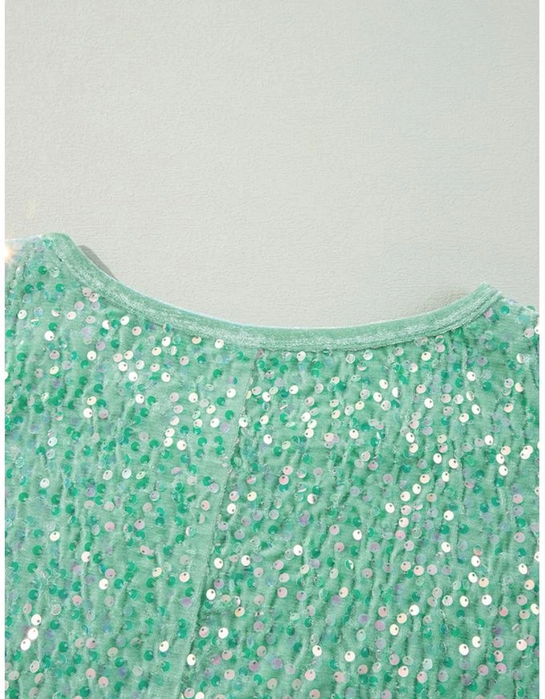Moonlight Jade Sequin Batwing Sleeve V Neck Velvet Blouse