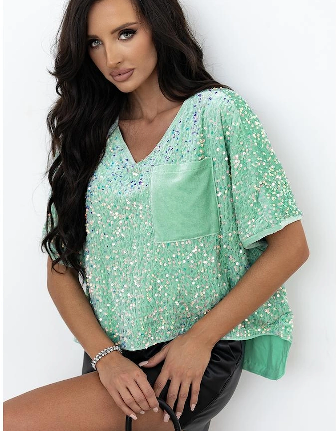 Moonlight Jade Sequin Batwing Sleeve V Neck Velvet Blouse