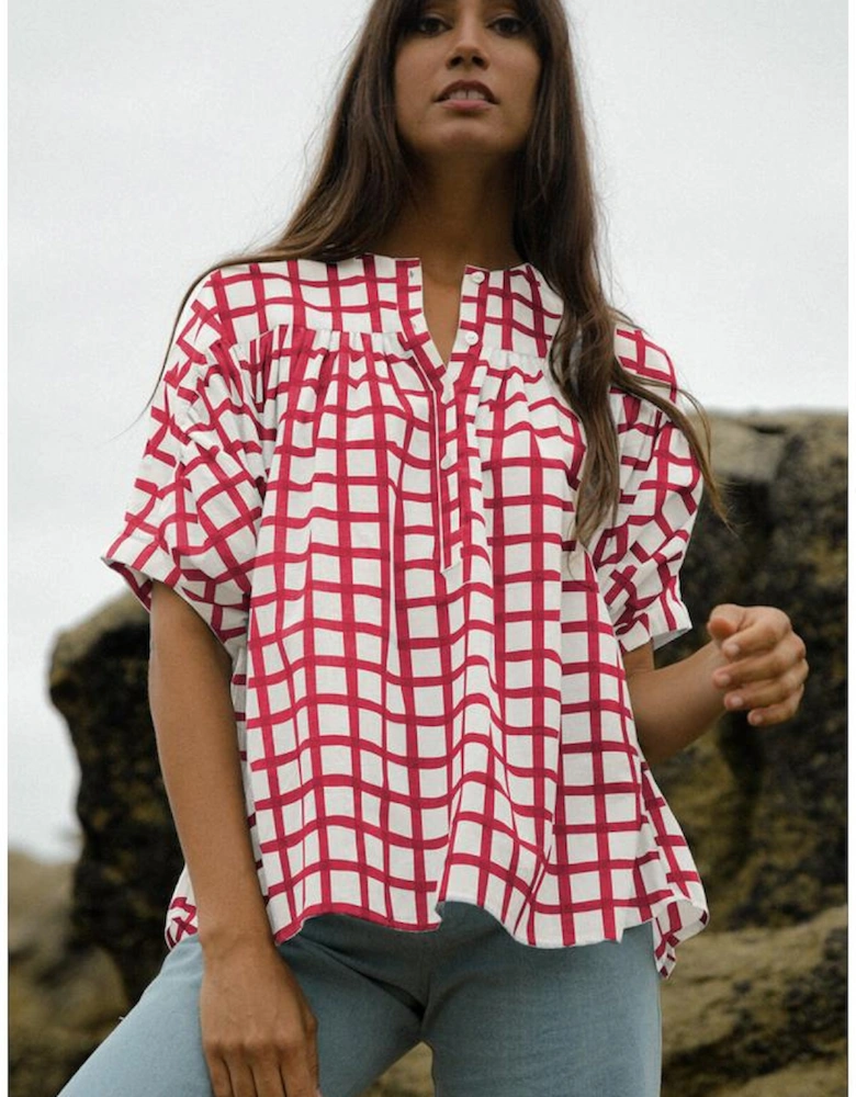Red Stripe Plaid Button Placket Split Neck Half Sleeve Blouse