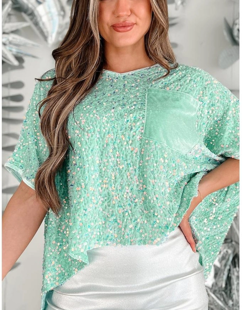 Moonlight Jade Sequin Batwing Sleeve V Neck Velvet Blouse