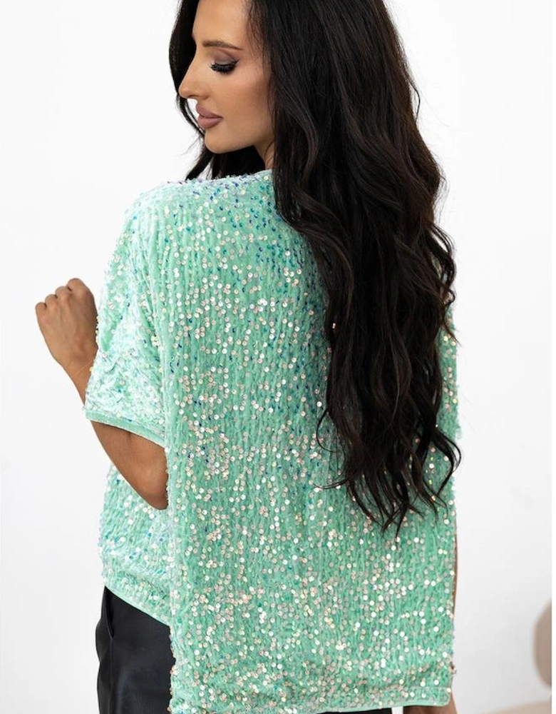 Moonlight Jade Sequin Batwing Sleeve V Neck Velvet Blouse