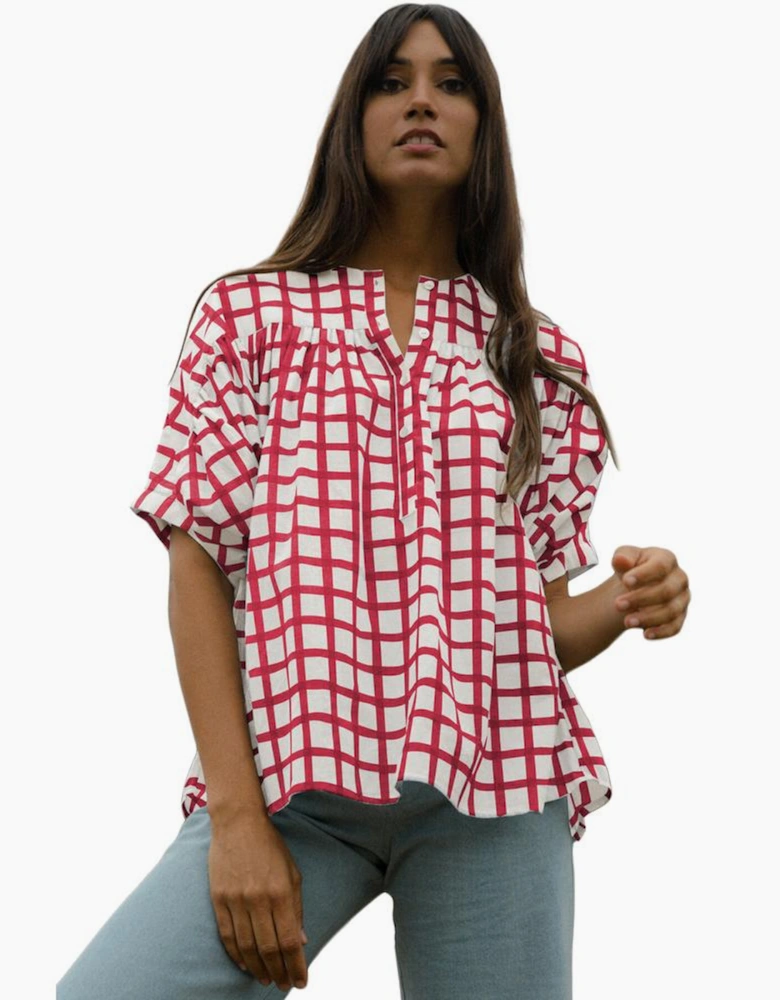Red Stripe Plaid Button Placket Split Neck Half Sleeve Blouse