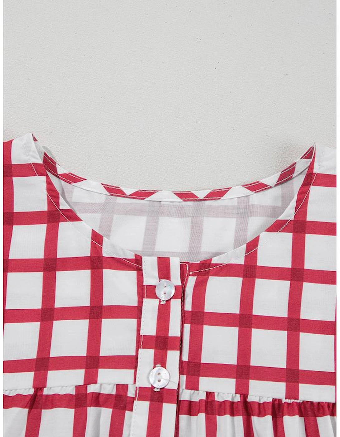 Red Stripe Plaid Button Placket Split Neck Half Sleeve Blouse