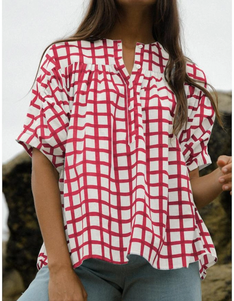 Red Stripe Plaid Button Placket Split Neck Half Sleeve Blouse