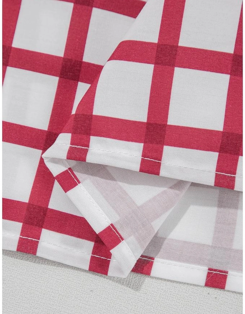 Red Stripe Plaid Button Placket Split Neck Half Sleeve Blouse