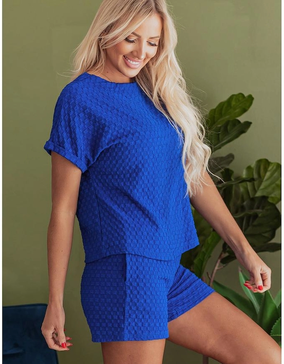 Sky Blue Jacquard Textured Buttoned Tee and Shorts Set