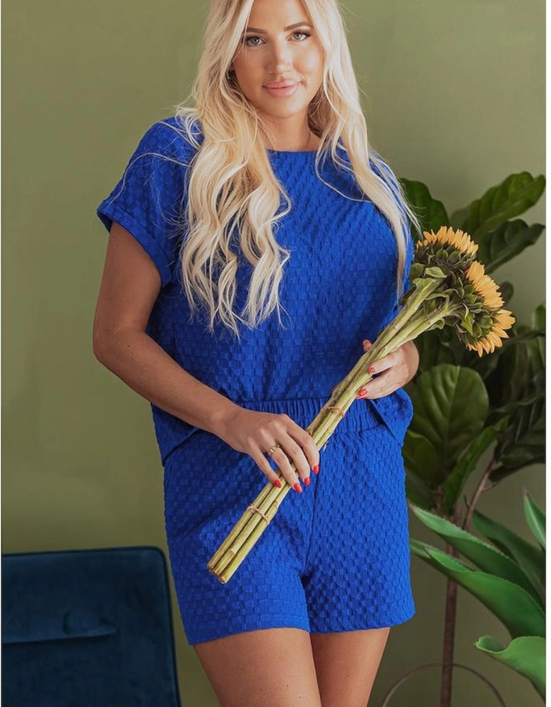 Sky Blue Jacquard Textured Buttoned Tee and Shorts Set