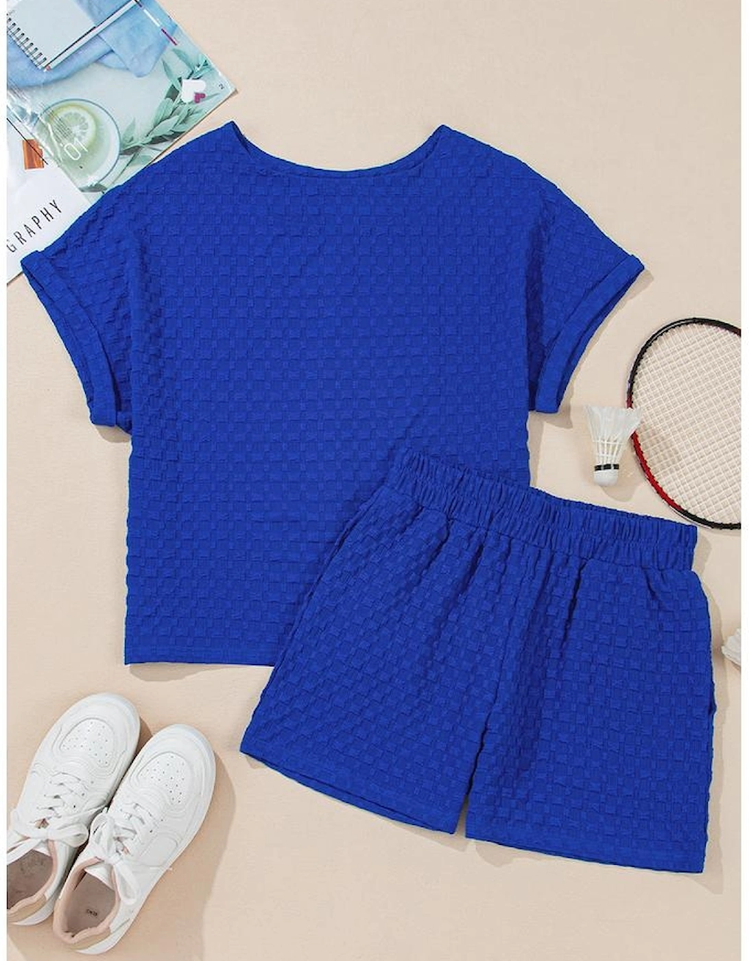 Sky Blue Jacquard Textured Buttoned Tee and Shorts Set