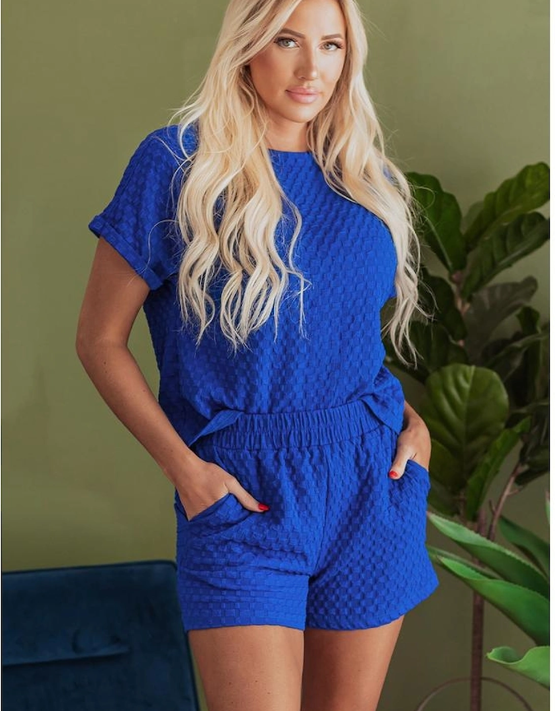 Sky Blue Jacquard Textured Buttoned Tee and Shorts Set