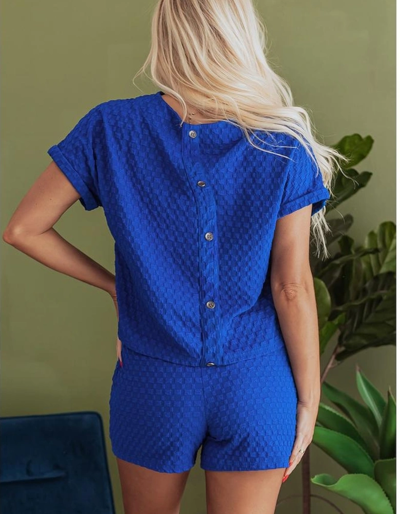 Sky Blue Jacquard Textured Buttoned Tee and Shorts Set
