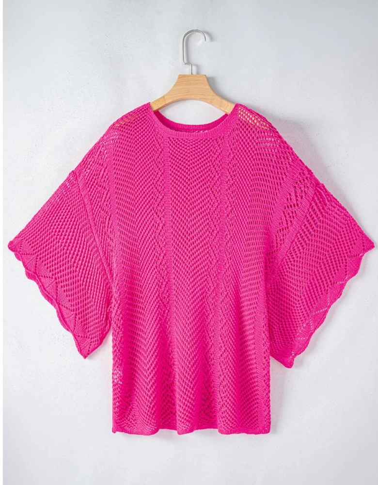 Rose Red Pointelle Knit Scallop Edge Short Sleeve Top