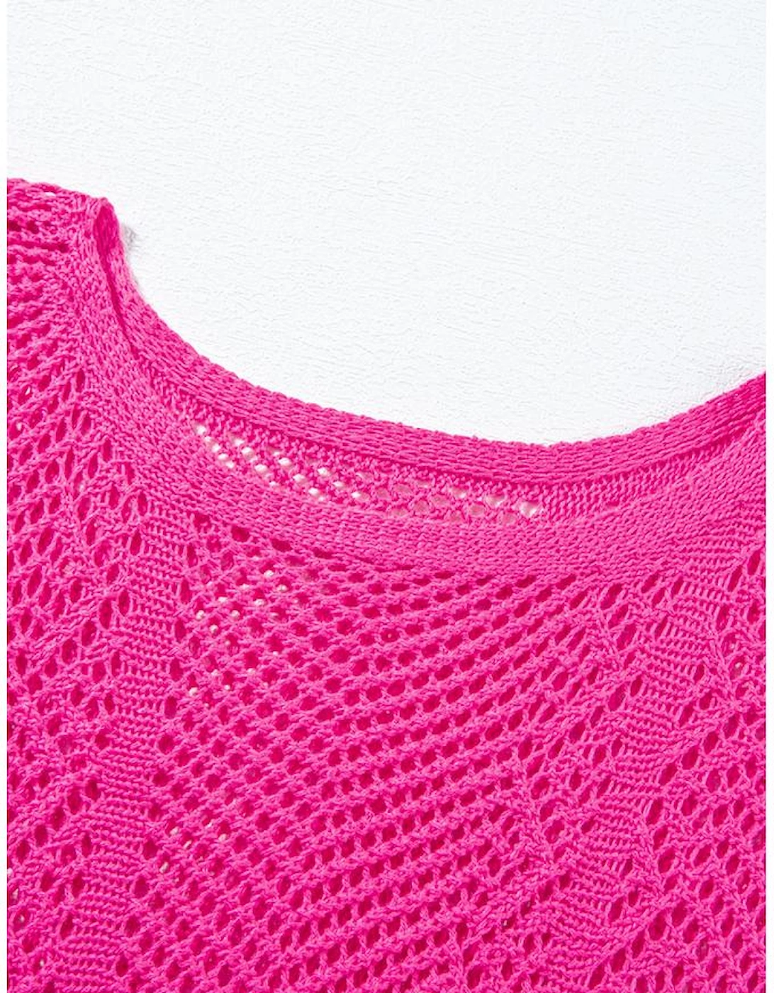 Rose Red Pointelle Knit Scallop Edge Short Sleeve Top, 14 of 13