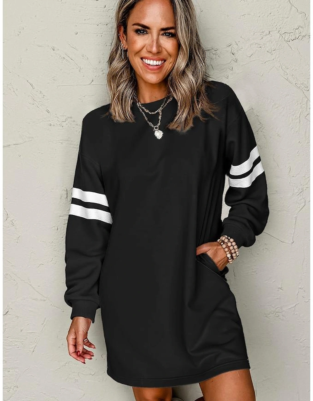 Black Varsity Contrast Banded Sleeve Shift Sweatshirt Dress