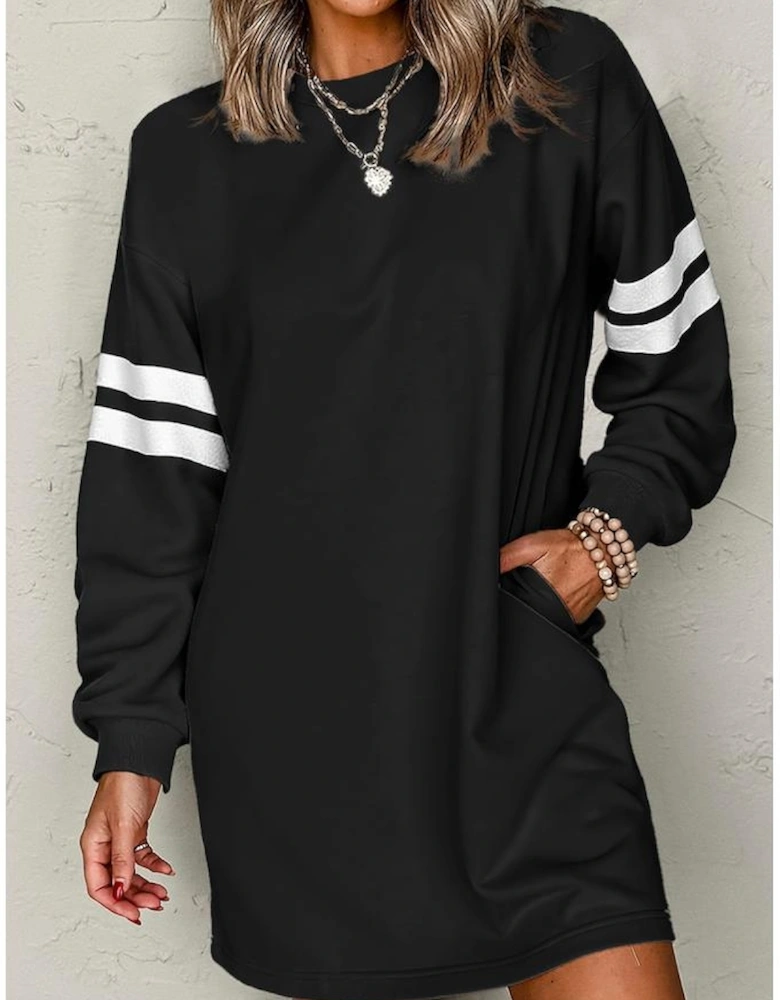 Black Varsity Contrast Banded Sleeve Shift Sweatshirt Dress