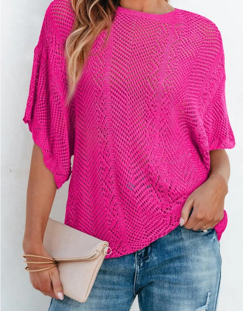 Rose Red Pointelle Knit Scallop Edge Short Sleeve Top