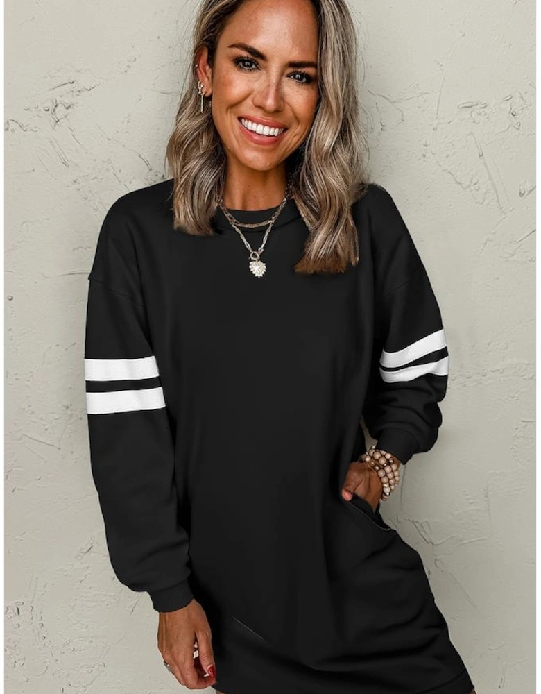 Black Varsity Contrast Banded Sleeve Shift Sweatshirt Dress