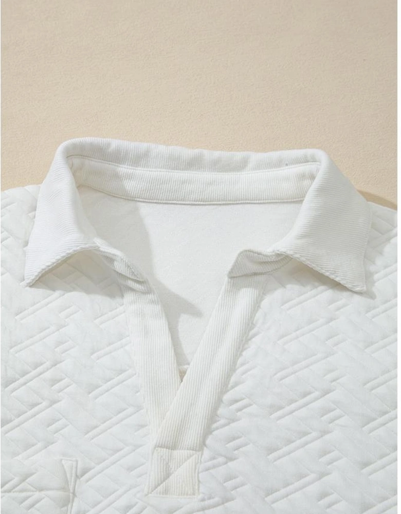 White Textured Pocketed Collared V Neck Pullover Sweatshirt