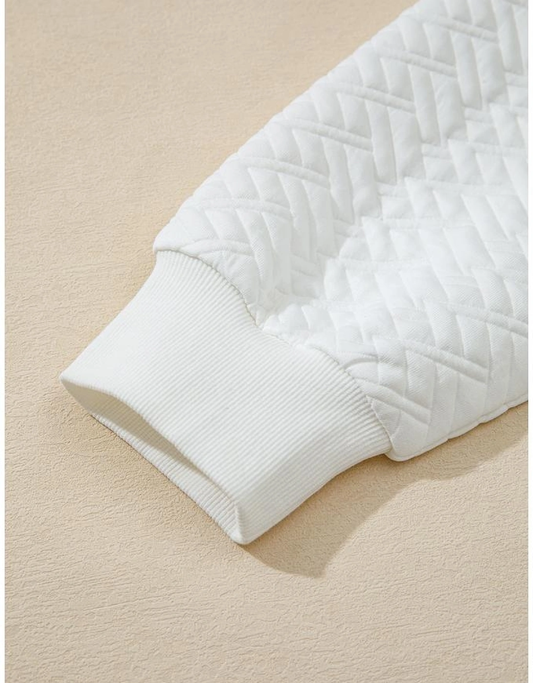 White Textured Pocketed Collared V Neck Pullover Sweatshirt