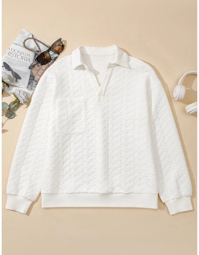 White Textured Pocketed Collared V Neck Pullover Sweatshirt