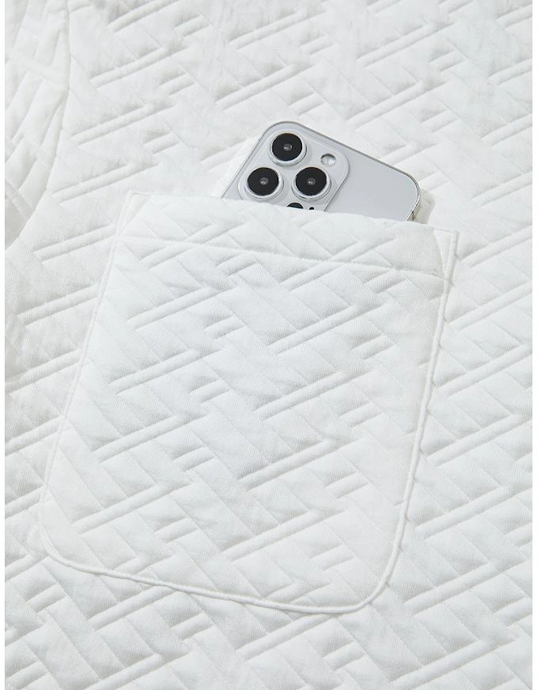 White Textured Pocketed Collared V Neck Pullover Sweatshirt