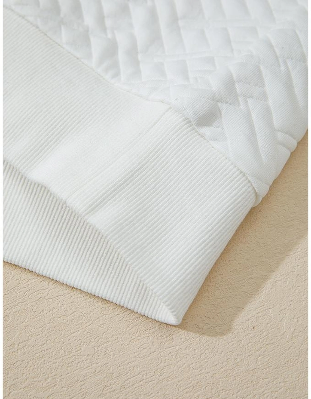 White Textured Pocketed Collared V Neck Pullover Sweatshirt