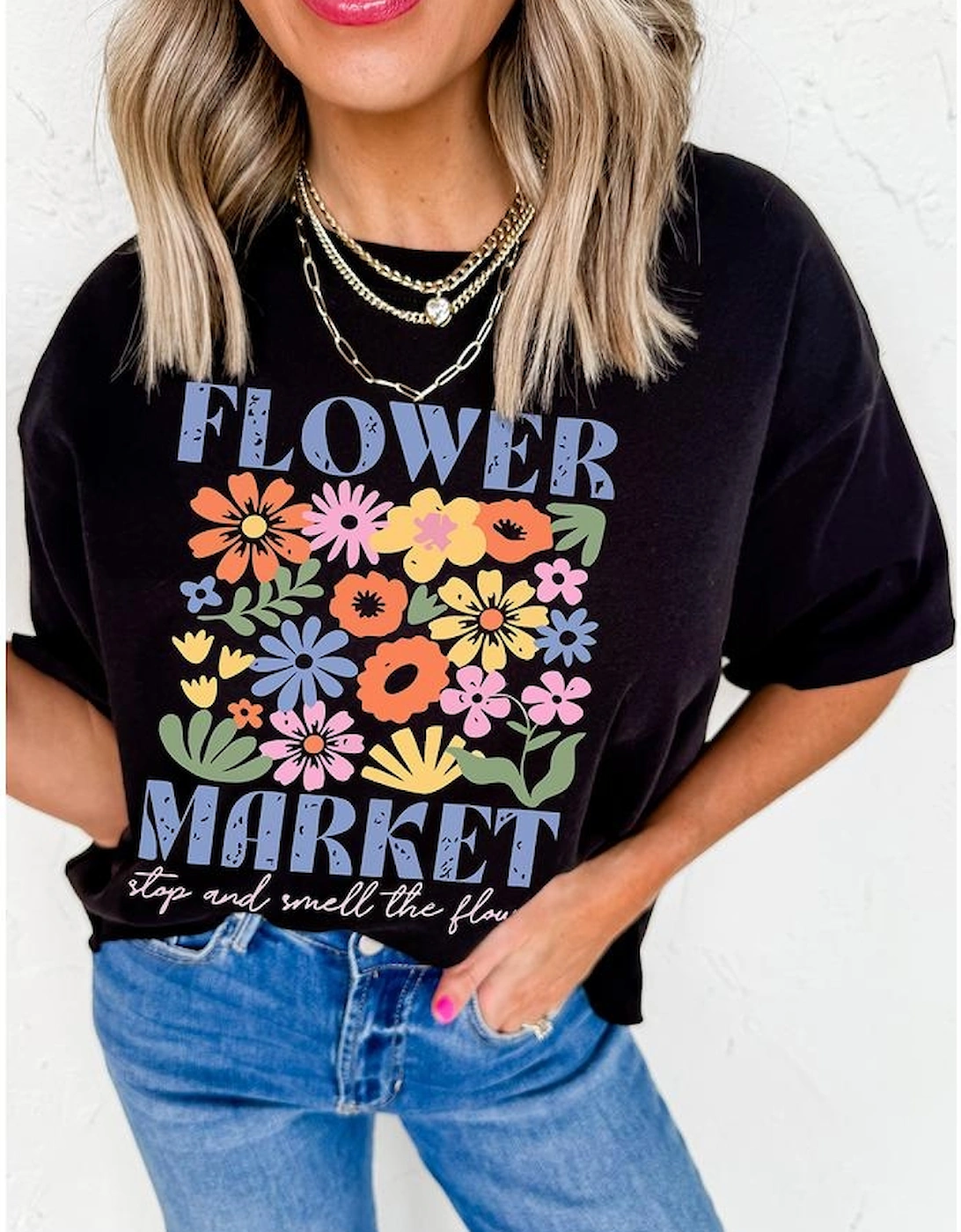 Black FLOWER MARKET Cotton Blend T Shirt, 6 of 5