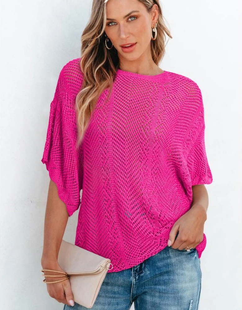 Rose Red Pointelle Knit Scallop Edge Short Sleeve Top