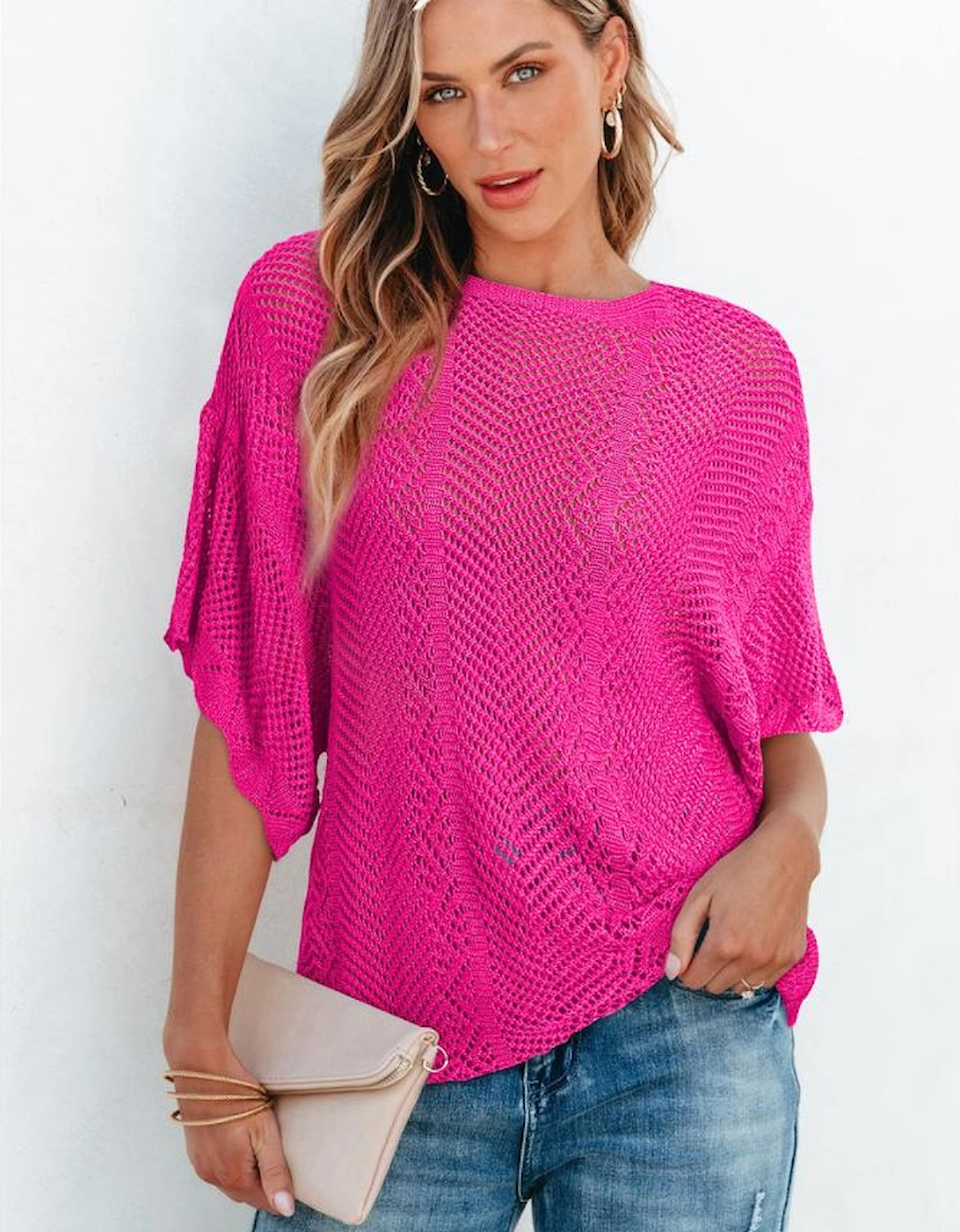 Rose Red Pointelle Knit Scallop Edge Short Sleeve Top