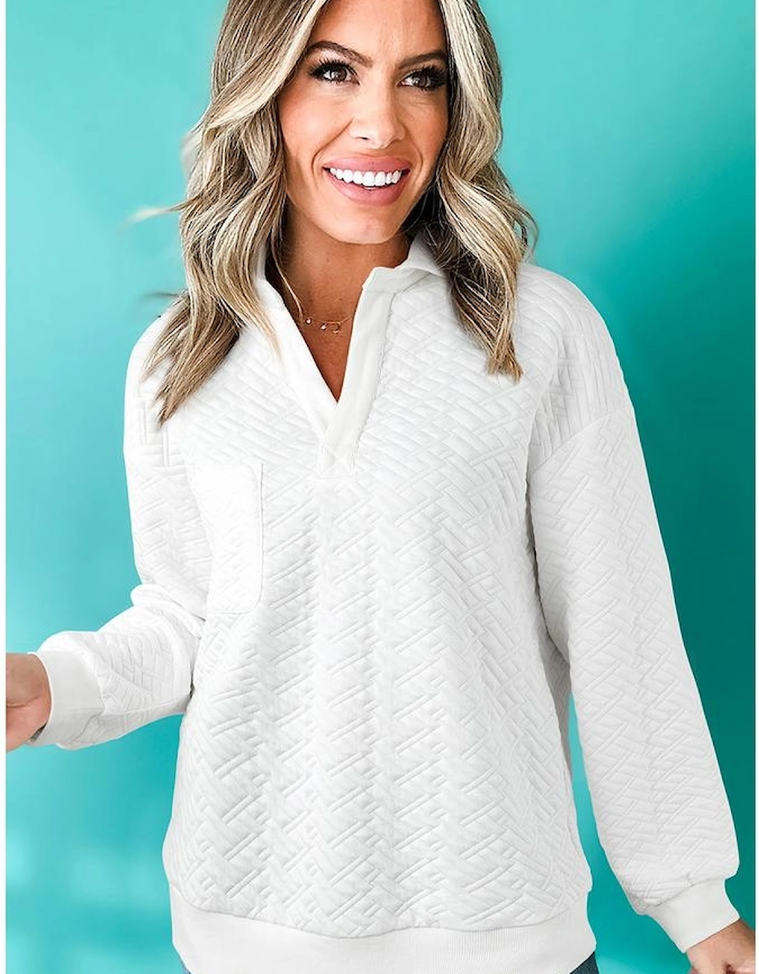 White Textured Pocketed Collared V Neck Pullover Sweatshirt, 11 of 10