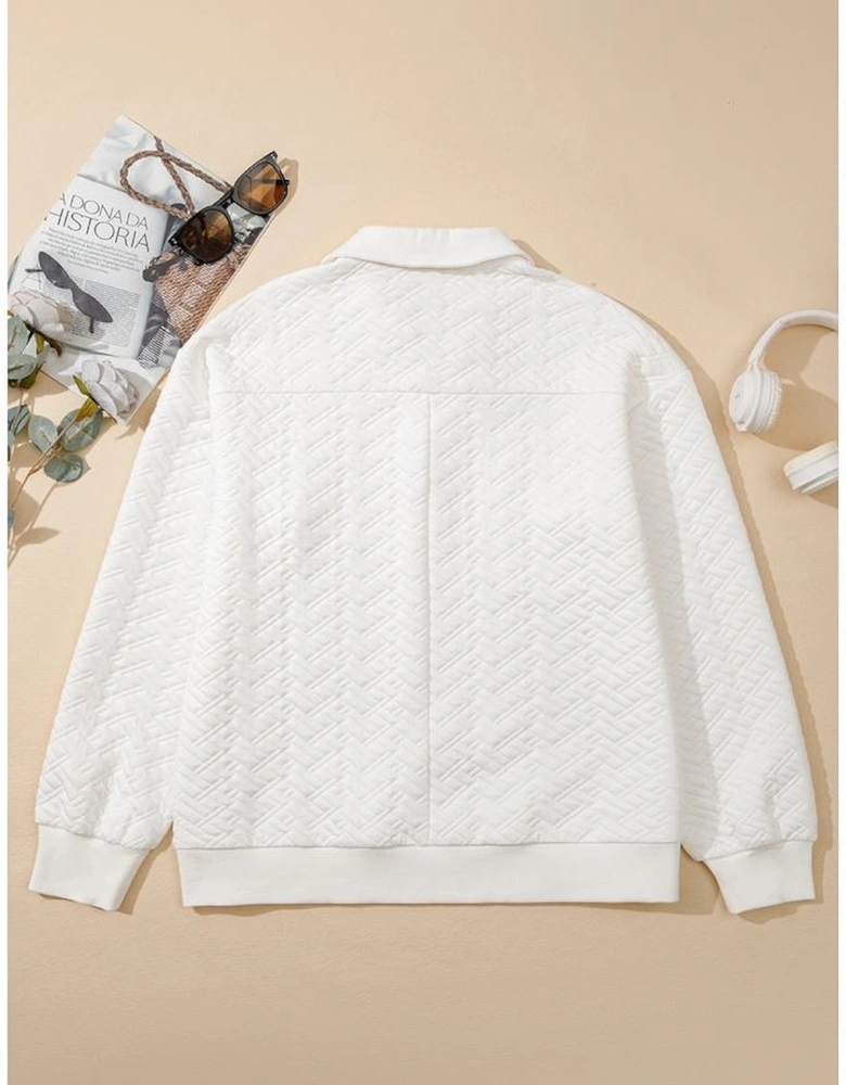 White Textured Pocketed Collared V Neck Pullover Sweatshirt