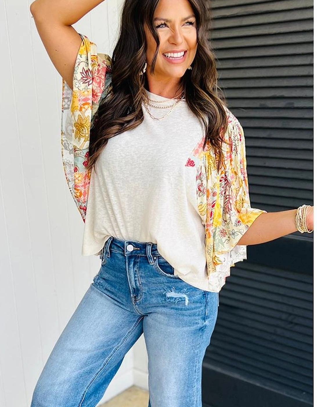 Beige Floral Patchwork Half Batwing Sleeve Blouse, 12 of 11