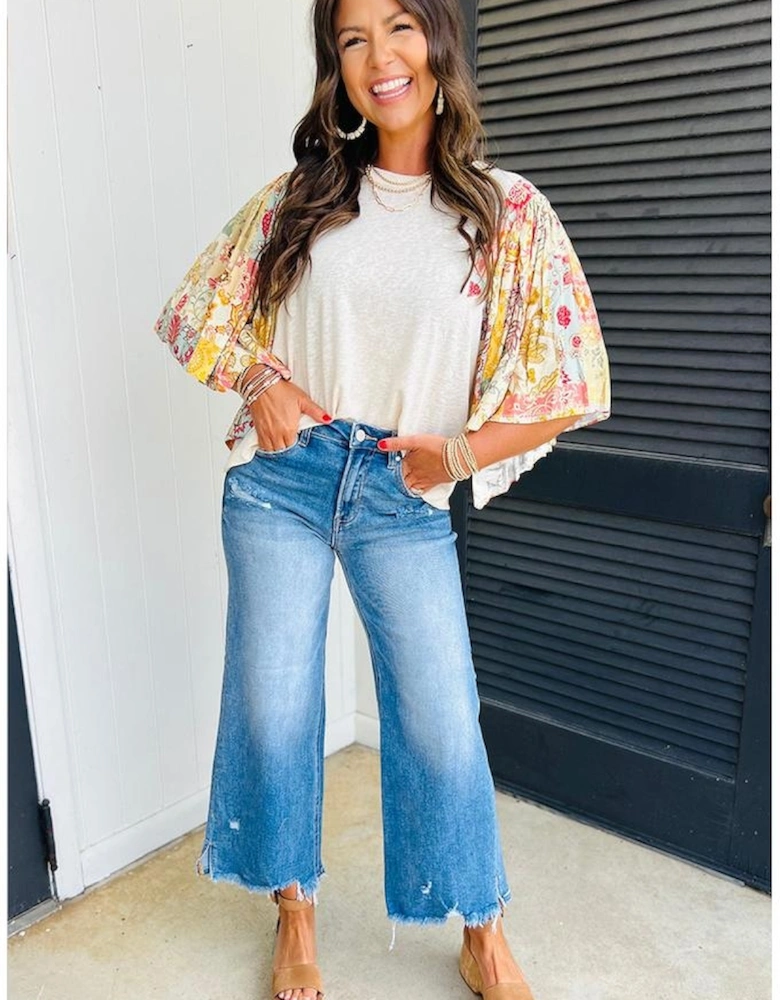 Beige Floral Patchwork Half Batwing Sleeve Blouse