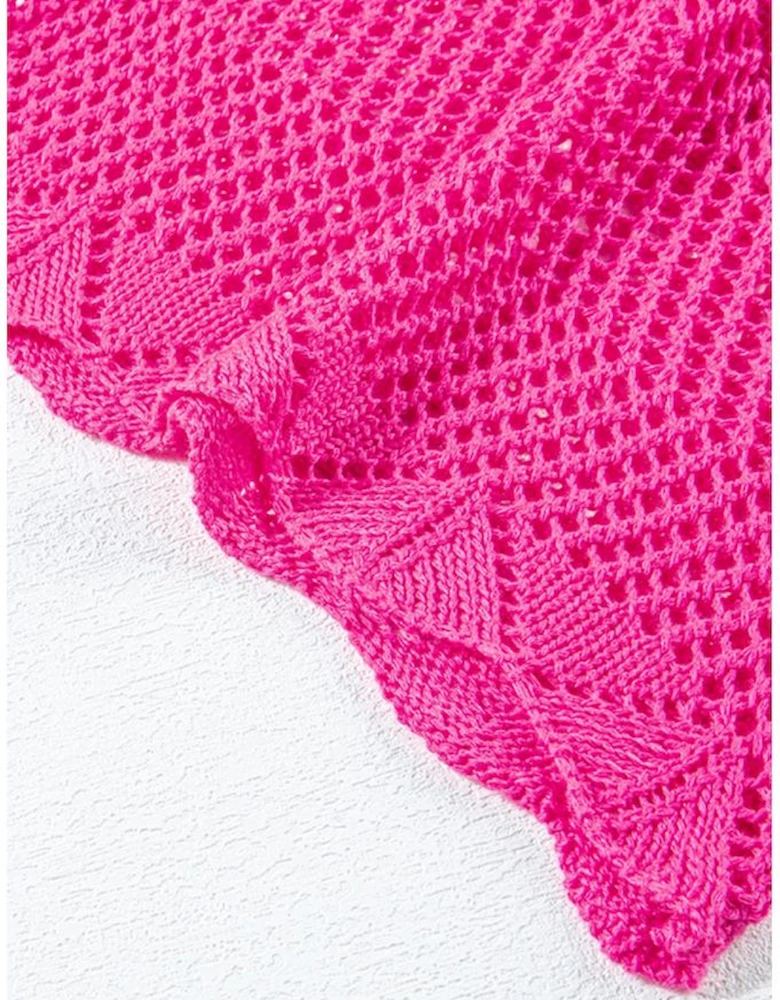 Rose Red Pointelle Knit Scallop Edge Short Sleeve Top