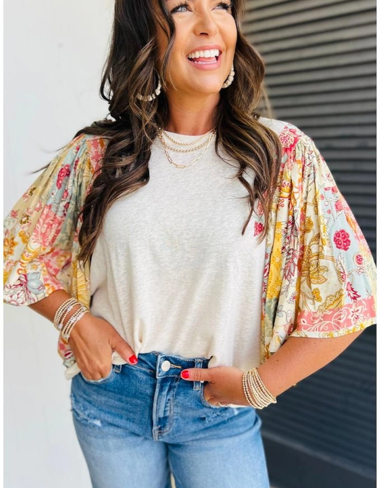 Beige Floral Patchwork Half Batwing Sleeve Blouse