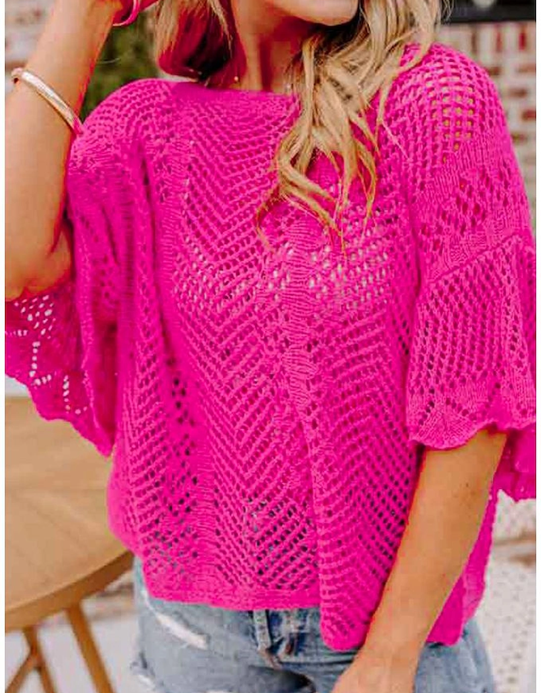 Rose Red Pointelle Knit Scallop Edge Short Sleeve Top