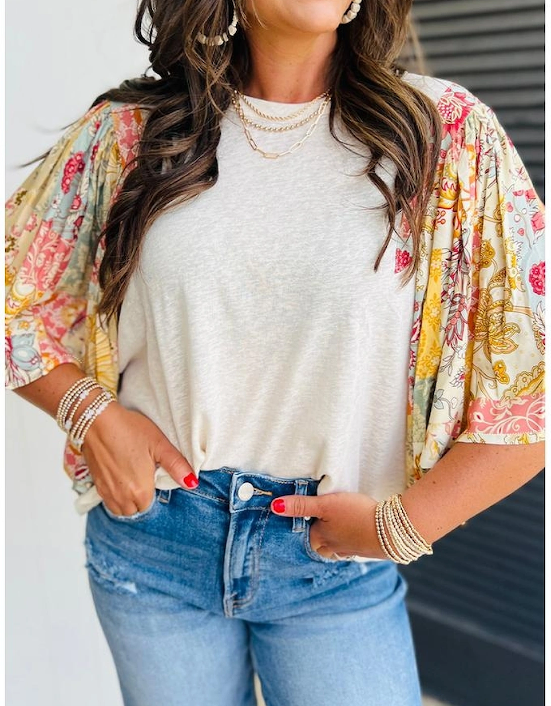 Beige Floral Patchwork Half Batwing Sleeve Blouse