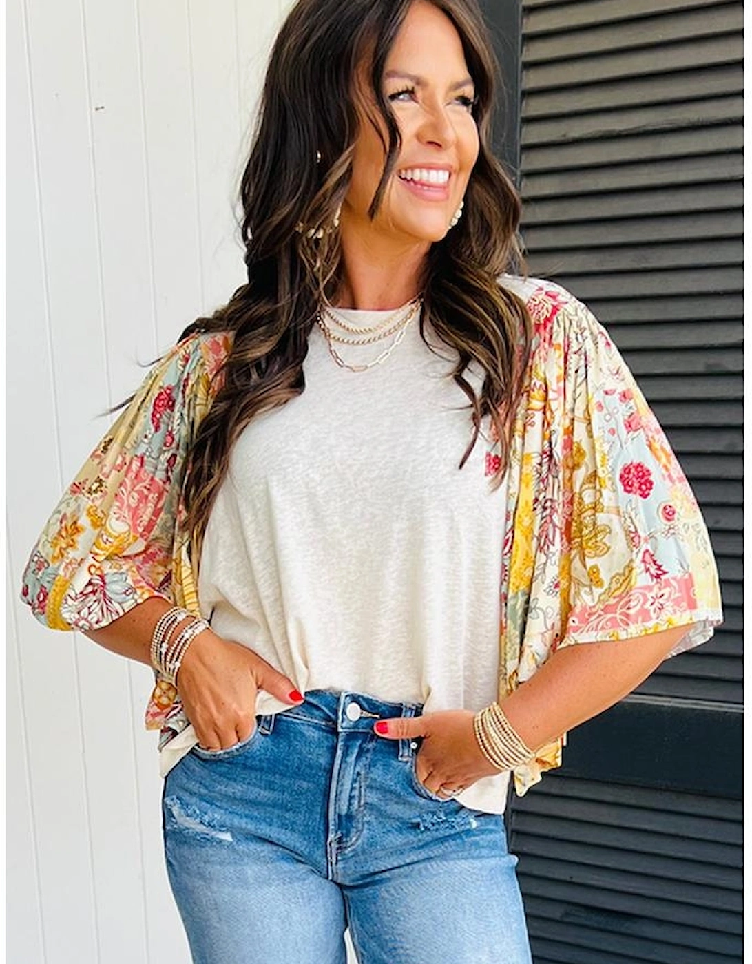 Beige Floral Patchwork Half Batwing Sleeve Blouse