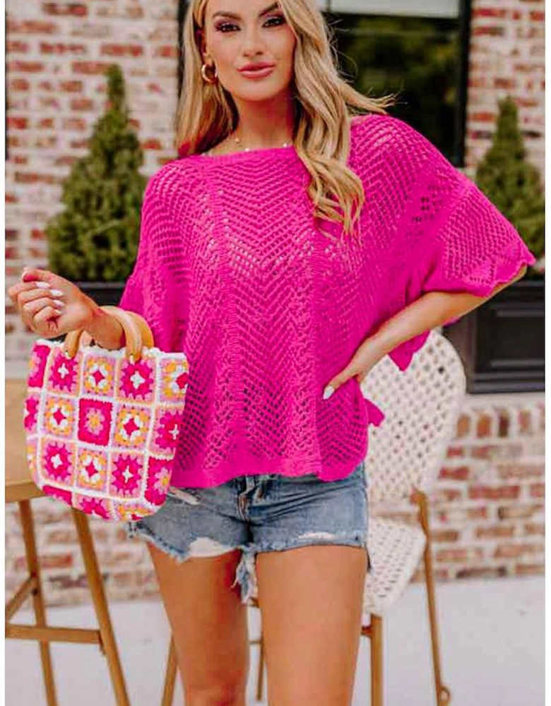 Rose Red Pointelle Knit Scallop Edge Short Sleeve Top