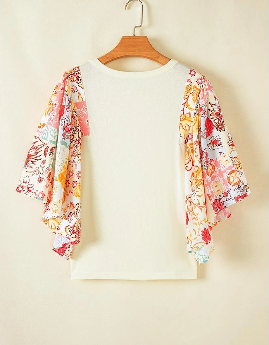 Beige Floral Patchwork Half Batwing Sleeve Blouse