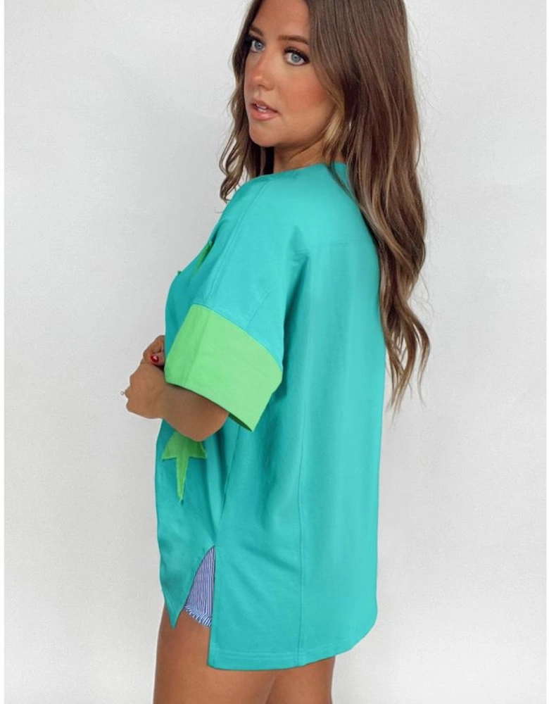 Aruba Blue Frayed Denim Star Patched Oversize T Shirt