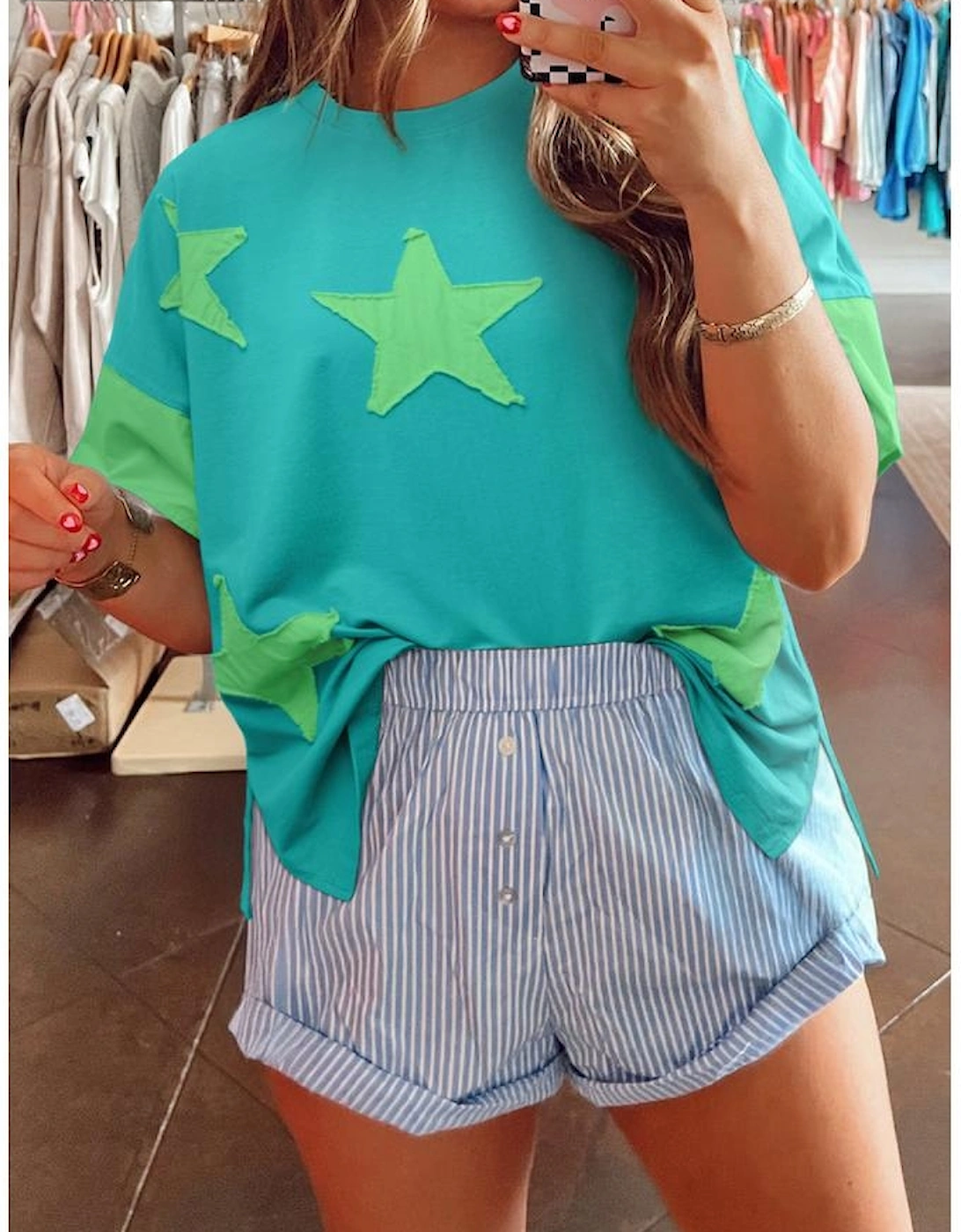 Aruba Blue Frayed Denim Star Patched Oversize T Shirt