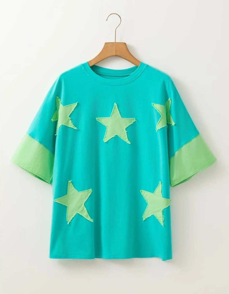 Aruba Blue Frayed Denim Star Patched Oversize T Shirt