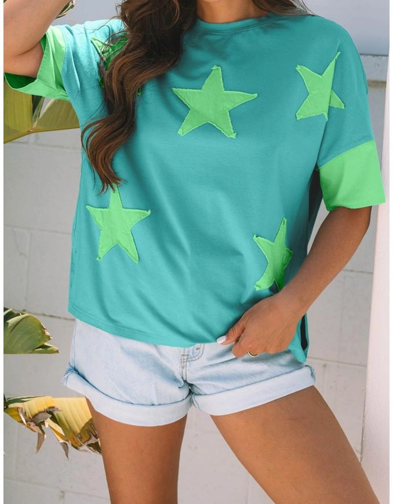 Aruba Blue Frayed Denim Star Patched Oversize T Shirt