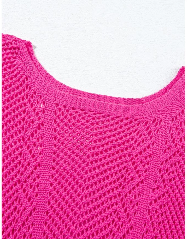Rose Red Pointelle Knit Scallop Edge Short Sleeve Top