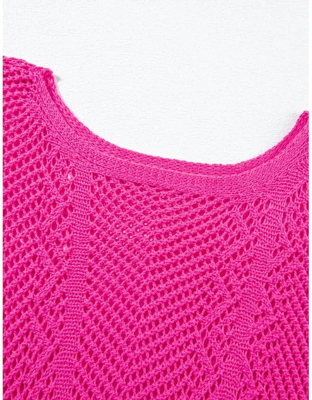 Rose Red Pointelle Knit Scallop Edge Short Sleeve Top