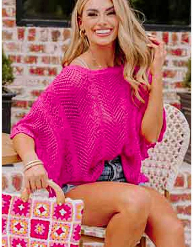 Rose Red Pointelle Knit Scallop Edge Short Sleeve Top